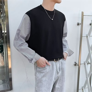 新款男士拼接条纹长袖套头针织毛衣修身弹力百搭休闲上衣男 B48图片