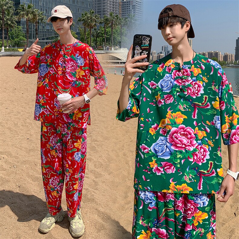 TZ340男士夏季风大花布套装大码宽松凉爽透气民族风个性外套图片
