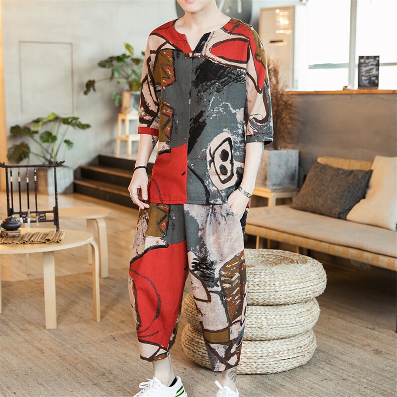 WY3P75咖啡厅潮时尚棉麻盘扣青年加大印花七分袖风T恤套装，男装休闲套装，电商A026