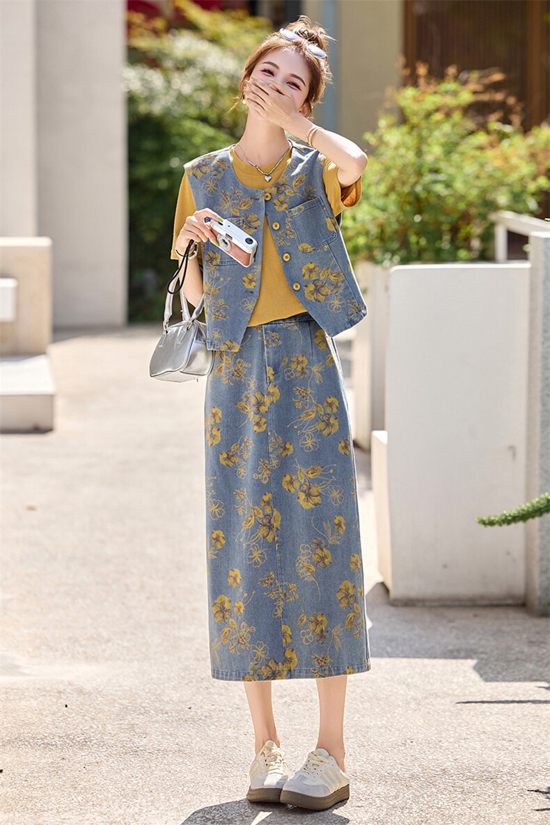 新中式盘扣牛仔套装裙女2025年夏季新款复古印花半身裙两件套,女装套装/套裙,关键词