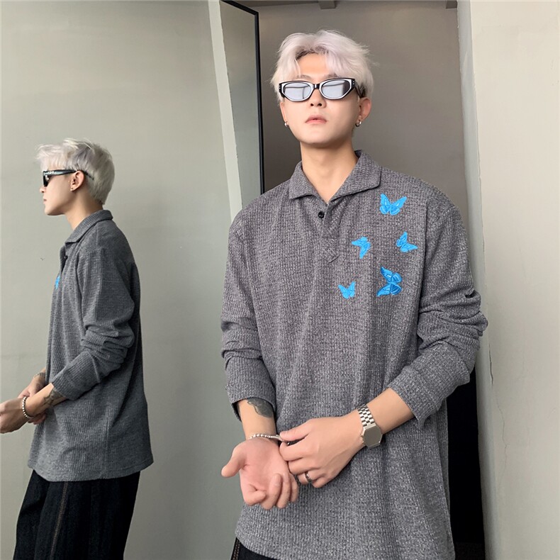 简约罗马格一片式猫眼石polo针织衫长袖打底衫男蝴蝶印花,男装Polo衫,电商C307