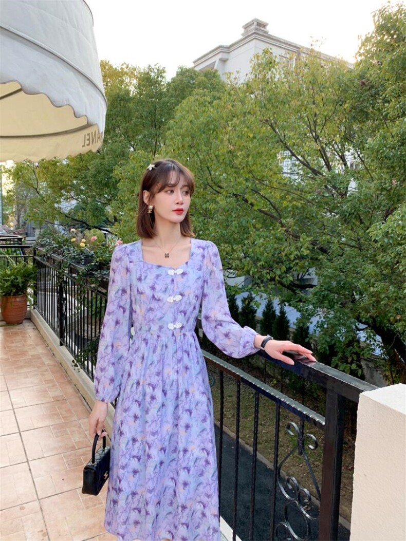 韩版甜美淑女时尚气质高雅艺术盘扣复古风连衣裙,女装连衣裙,荷塘月色