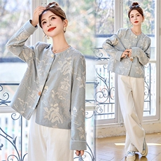 蓝色新中式刺绣外套女2026春秋新款独特漂亮减龄气质圆领上衣，女装短外套，美沁