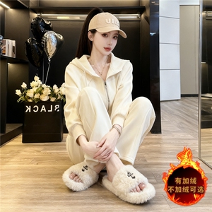 韩版开衫加绒卫衣套装女秋冬保暖新款连帽宽松上衣长裤时尚两件套图片