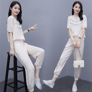 欧货冰丝休闲运动套装女夏季2025新款修身小个子时尚哈伦裤两件套图片