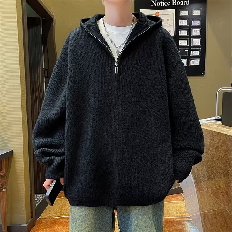 半拉链连帽毛衣男秋冬季潮牌宽松慵懒风针织衫休闲外套MZ803-P51图片