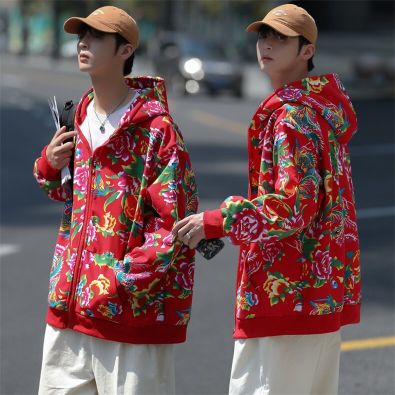 A203秋冬加绒加厚保暖连帽开衫卫衣东北大花风民族特色大码潮图片