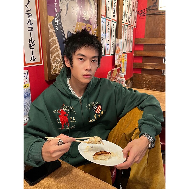 美式做旧字母刺绣连帽卫衣男女春秋宽松休闲百搭外套LB60133-P59，女装短外套，星座1008