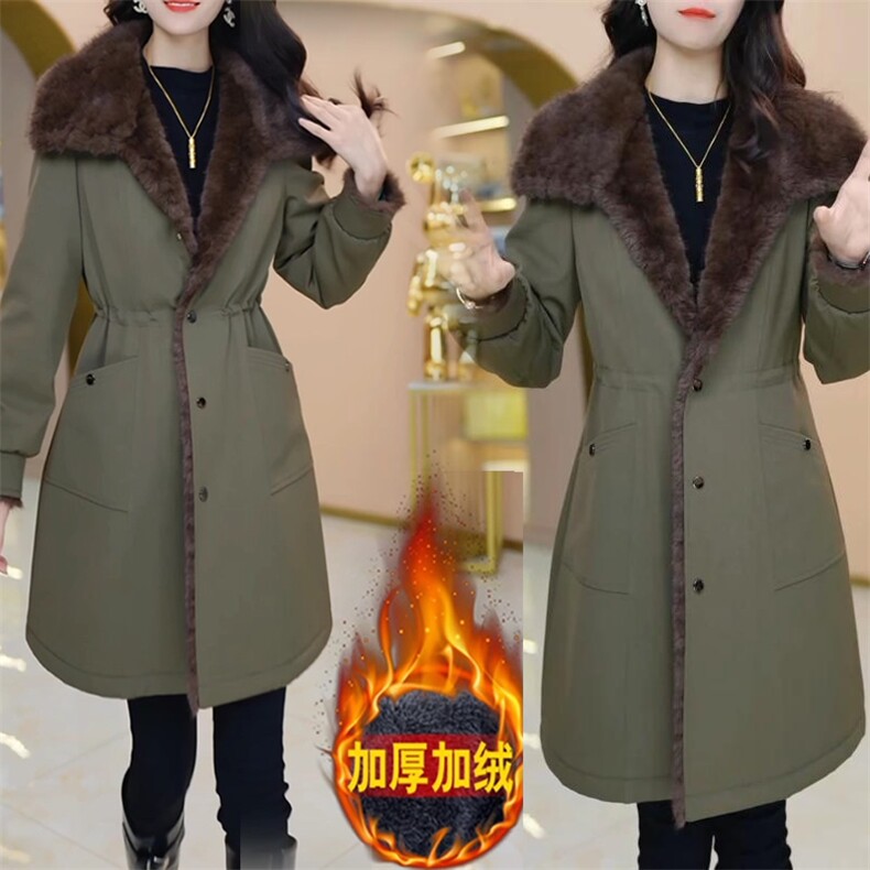 【大货已出】加绒加厚皮毛一体军绿色大衣女高级感皮草保暖外套，女装皮草，韩蔻秀
