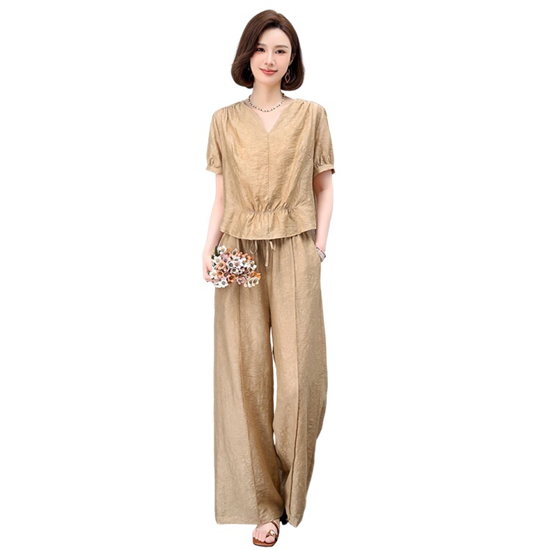 天丝亚麻套装女夏季薄款2026新款妈妈阔腿长裤气质休闲时尚两件套,女装套装/套裙,曼沙奕珂