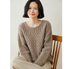 时尚百搭宽松圆领女士羊绒衫舒适保暖显瘦绞花设计，女装羊绒衫，迎冬羊绒