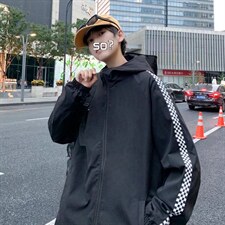 棋盘格拼接夹克男士春季潮流宽松个性连帽夹克W015P38，男装夹克，星座1116-2