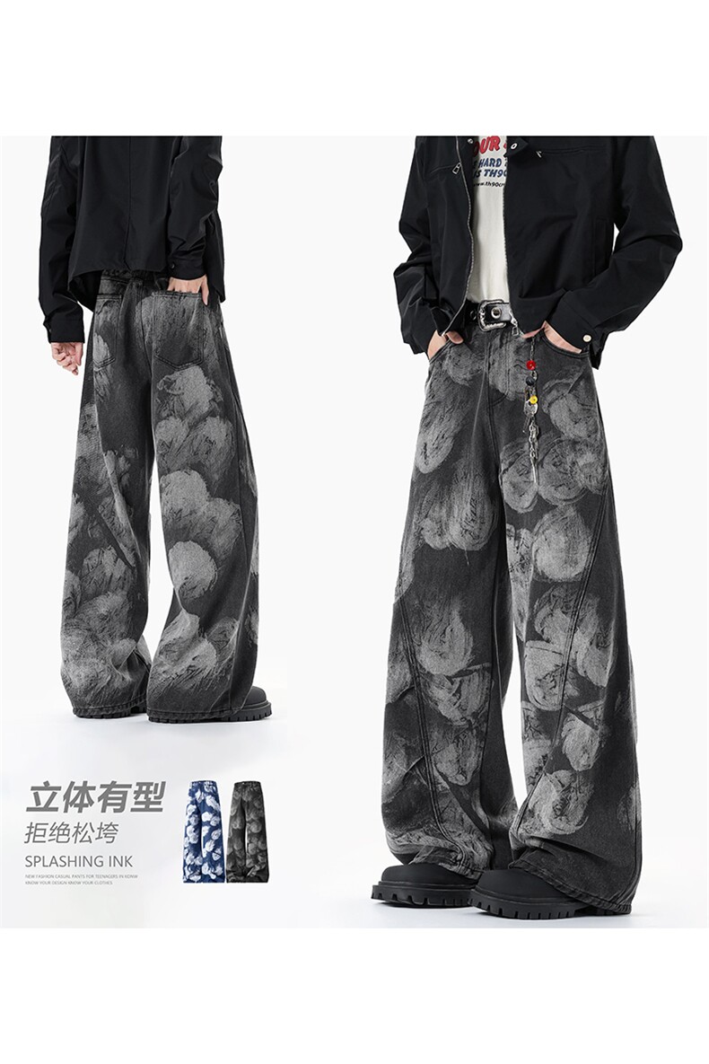 A2021TP48控78-秋季新款2025满印泼墨弯刀牛仔裤男宽松水洗裤子,男装牛仔裤,电商B241