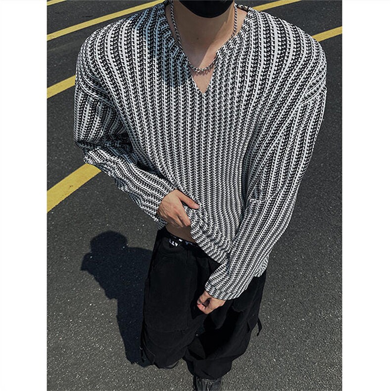 美式高街千鸟格子长袖T恤男女亨利V领英伦雅痞休闲宽松长袖打底衫，男装T恤，电商A486