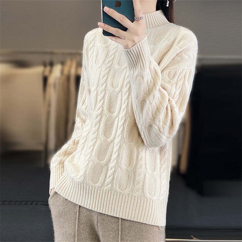 新款女士羊毛半高领扭花毛衣时尚百搭显瘦保暖针织衫，女装羊毛衫，莺澜羊绒
