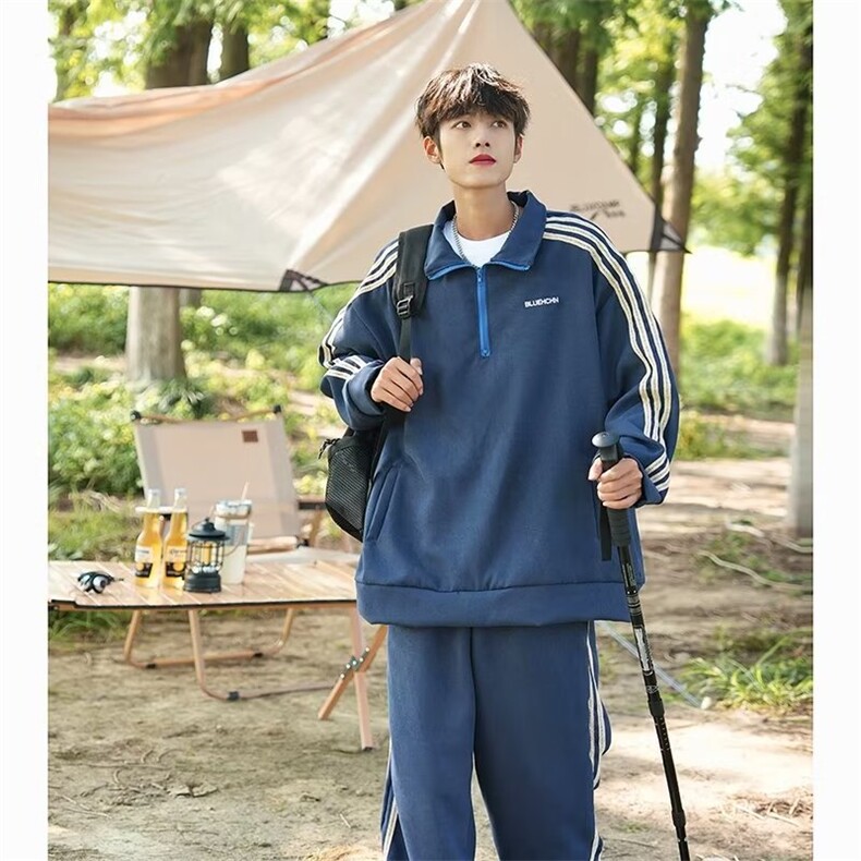 情侣翻领美式休闲三条杠黑色宽松长袖外套卫衣两件套W208P68，男装休闲套装，星座1116-2