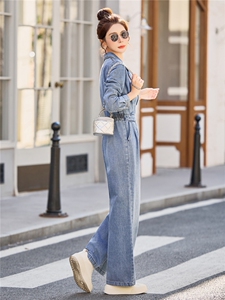 （新款现货）2026春装时尚显瘦西装领工装牛仔阔腿腰带连体裤女图片