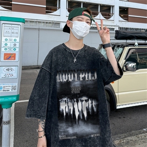 B239-1208-P38 美式 抽象人像个性印花 复古水洗做旧半袖 短袖T恤图片
