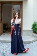 复古设计感拼色印花背带裤女夏季2025薄款小个子显瘦阔腿连体裤，女装连体裤，浙宝276（原081）