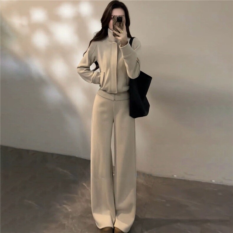 网红时尚气质套装女春季新款休闲运动立领开衫卫衣阔腿卫裤两件套，女装套装/套裙，江南