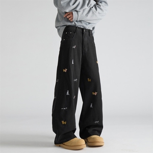 春季新款小狗刺绣牛仔裤男女美式复古水洗做旧直筒裤潮N3102-P50图片