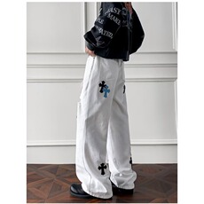 破洞牛仔裤男街头痞帅嘻哈高街十字架贴皮复古白色长裤AM991P52，男装皮裤，星座1013-5