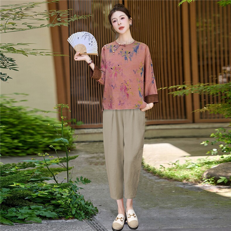 长期有货2026夏装新款复古提花天丝休闲两件套装女中式印花小脚裤,女装套装/套裙,璐依舞