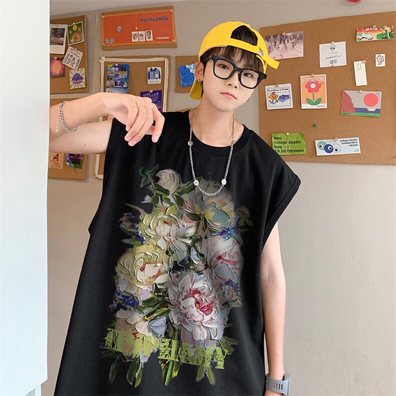 油画花朵复古印花无袖T恤夏季背心/马甲/坎肩XZ514-2-1290-P23，男装背心/马甲，星座514-2(原B239)