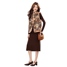 冬季新款加棉小立领新中式提花拼接真毛盘扣款马甲洋气两件套裙女，女装套装/套裙，宝儿家