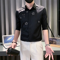 B2166506P502025夏装新潮男五角星刺绣中袖衬衫社会小伙风，男装衬衫，电商B216（原B302）
