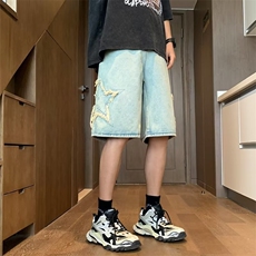 美式星星牛仔短裤男夏季毛边裤子宽松阔腿情侣五分中裤D3098-P38，男装牛仔裤，星座1008