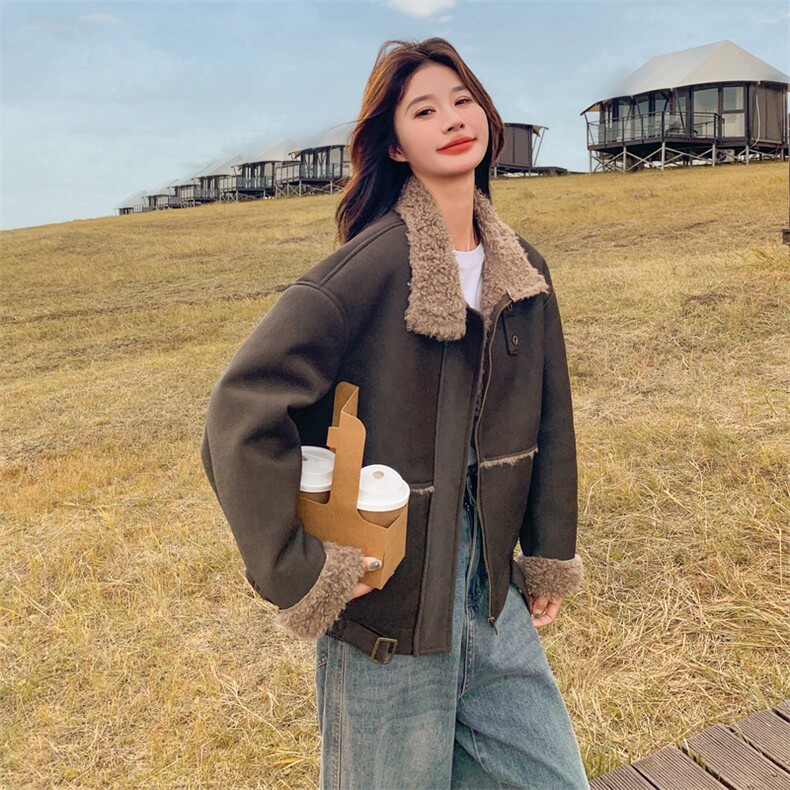 咖色复古皮毛一体机车棉服女冬装2024新款韩版高级感加厚加绒外套,女装短外套,2B183