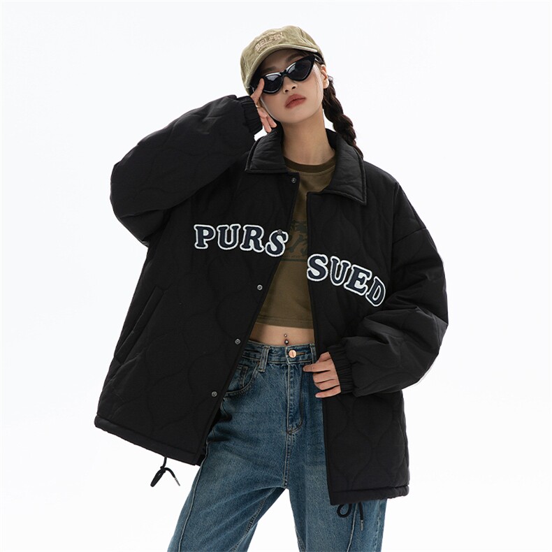 中性风翻领棉服女2024冬季新品复古刺绣棉衣外套潮J5035-P85控138图片