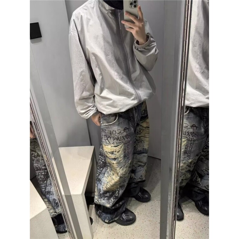 美式复古做旧破洞裤男阔腿裤脏染泼墨涂鸦牛仔长裤新款无品牌原宿,男装休闲裤,星座506A