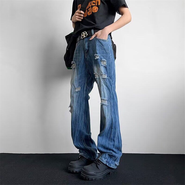 2025夏季新款美式高街破洞牛仔裤男痞帅直筒宽松微喇长裤子男潮牌，男装牛仔裤，星座1109-1