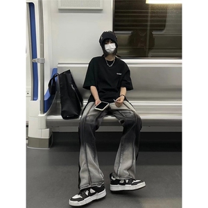 春季 黑色扎染渐变牛仔裤男潮牌欧美街头设计感微喇裤LG9377-P48图片