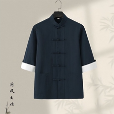 夏唐装风盘扣新中式七分袖棉麻复古居士服茶服GF2503-P60，男装衬衫，星座1105-3