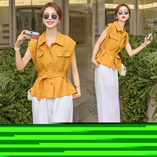时尚通勤职场棉麻套装女2025年夏系带衬衫上衣+显瘦阔腿裤两件套，女装套装/套裙，艾仟回(原伊仟回)