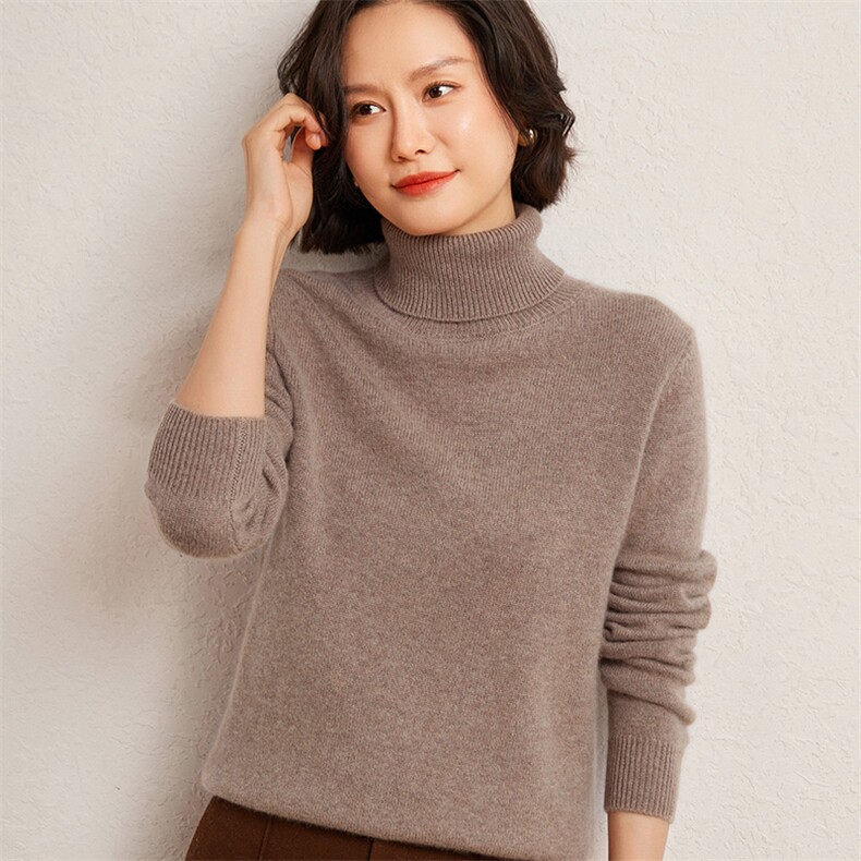 秋冬季35%羊绒65%羊毛休闲百搭7针加厚高翻领羊绒衫,女装羊绒衫,广悦羊绒