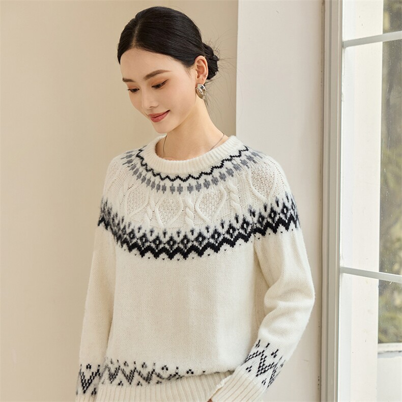 2025年秋季女士提花圆领长袖，女装羊绒衫，仙姿羊绒