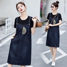 假两件拼接牛仔连衣裙女小个子新款夏季短袖圆领时髦国风背带裙子，女装连衣裙，涵亦佰惠