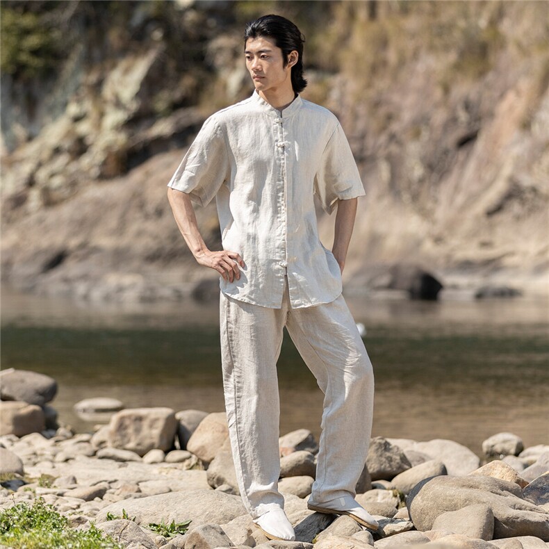 纯亚麻夏季薄款宽松短袖上衣风复古唐装盘扣衬衫男CS04,男装T恤,星座704A（原B229A）