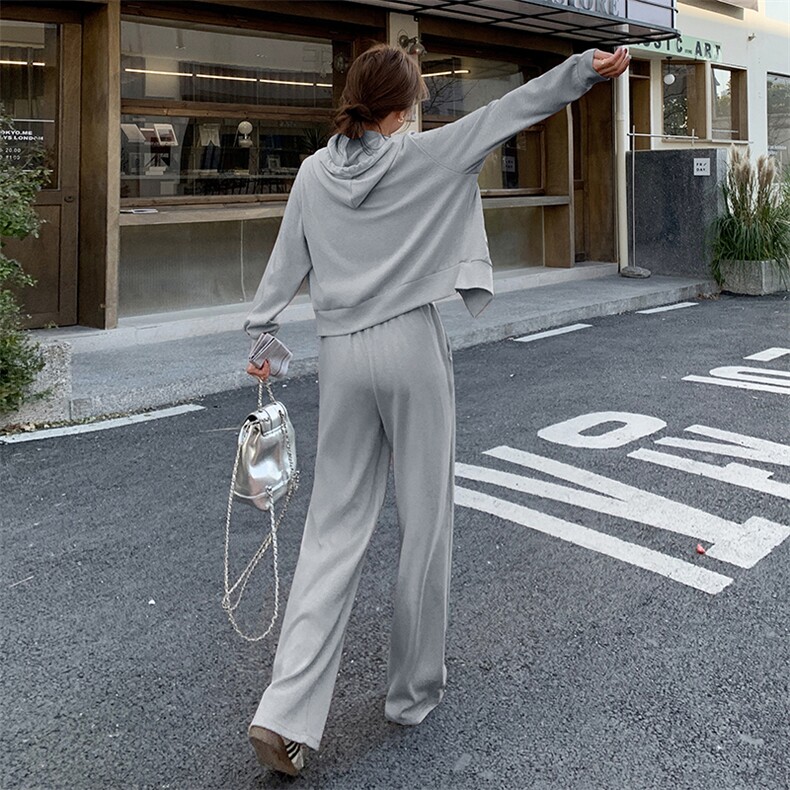 粉色慵懒风连帽休闲卫衣套装女春季2025年新款减龄阔腿长裤两件套,女装套装/套裙,蝶眷