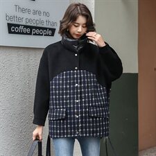 冬季新款格纹拼接时尚双面呢羊绒外套立领潮流女，女装毛呢外套，美吧服饰