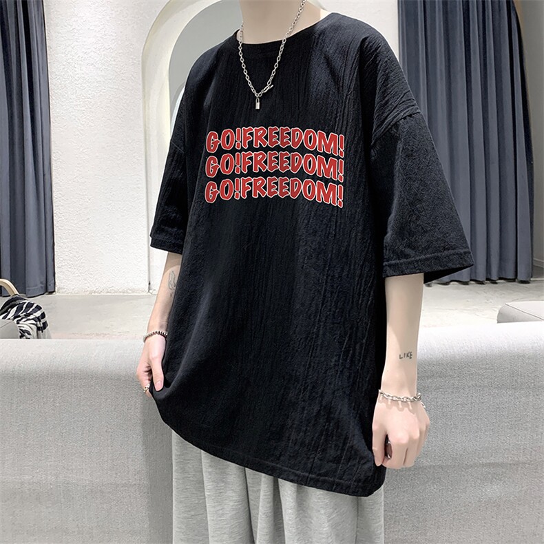 YT26338-P30亚麻短袖t恤男大码五分袖男宽松七分袖大皂风模特,男装T恤,电商A040