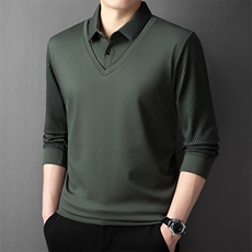 爸爸装纯棉长袖t恤春秋男士假两件套上衣中老年翻领打底衫T男装，男装T恤，钱塘6003（原4033）