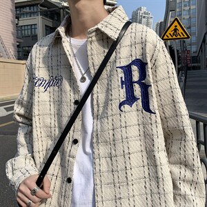 美式复古高街刺绣格子小香风男女衬衫ins潮街头痞帅外套JK119-P45图片