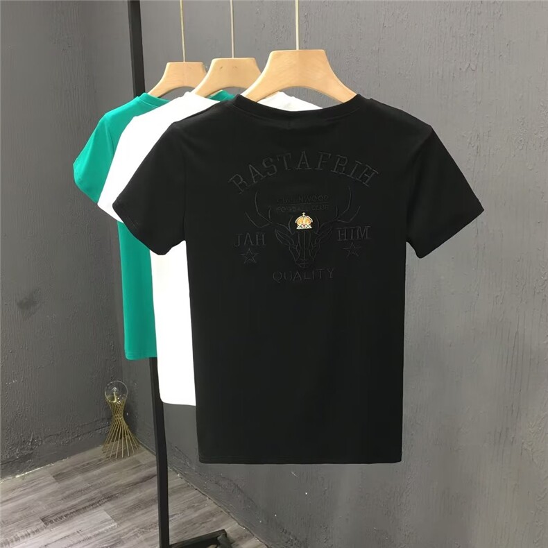 小鹿刺绣半袖汗衫韩版修身夏季新款男士短袖T恤男装休闲体恤潮牌t,男装T恤,电商B212（原钱塘6029）
