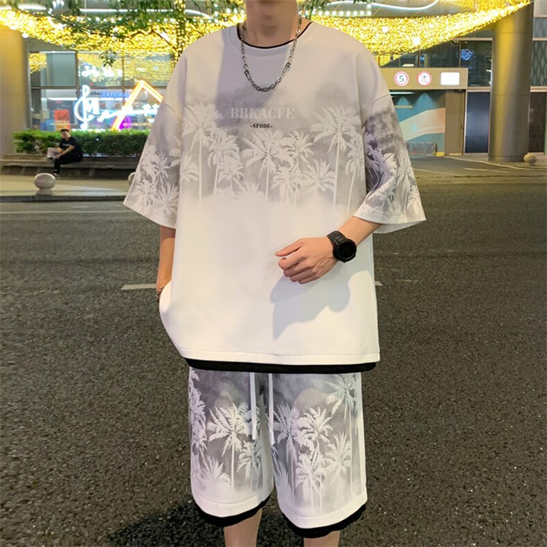 假两件菠萝格短袖T恤男夏季重磅潮牌ins休闲宽松欧美高街半袖上衣,男装休闲套装,电商A022