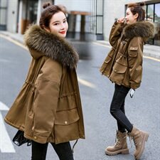 棉衣/棉服2021新款冬兔毛中长款工装带帽棉服女外套配毛领，女装派克服，瑶迪依秀